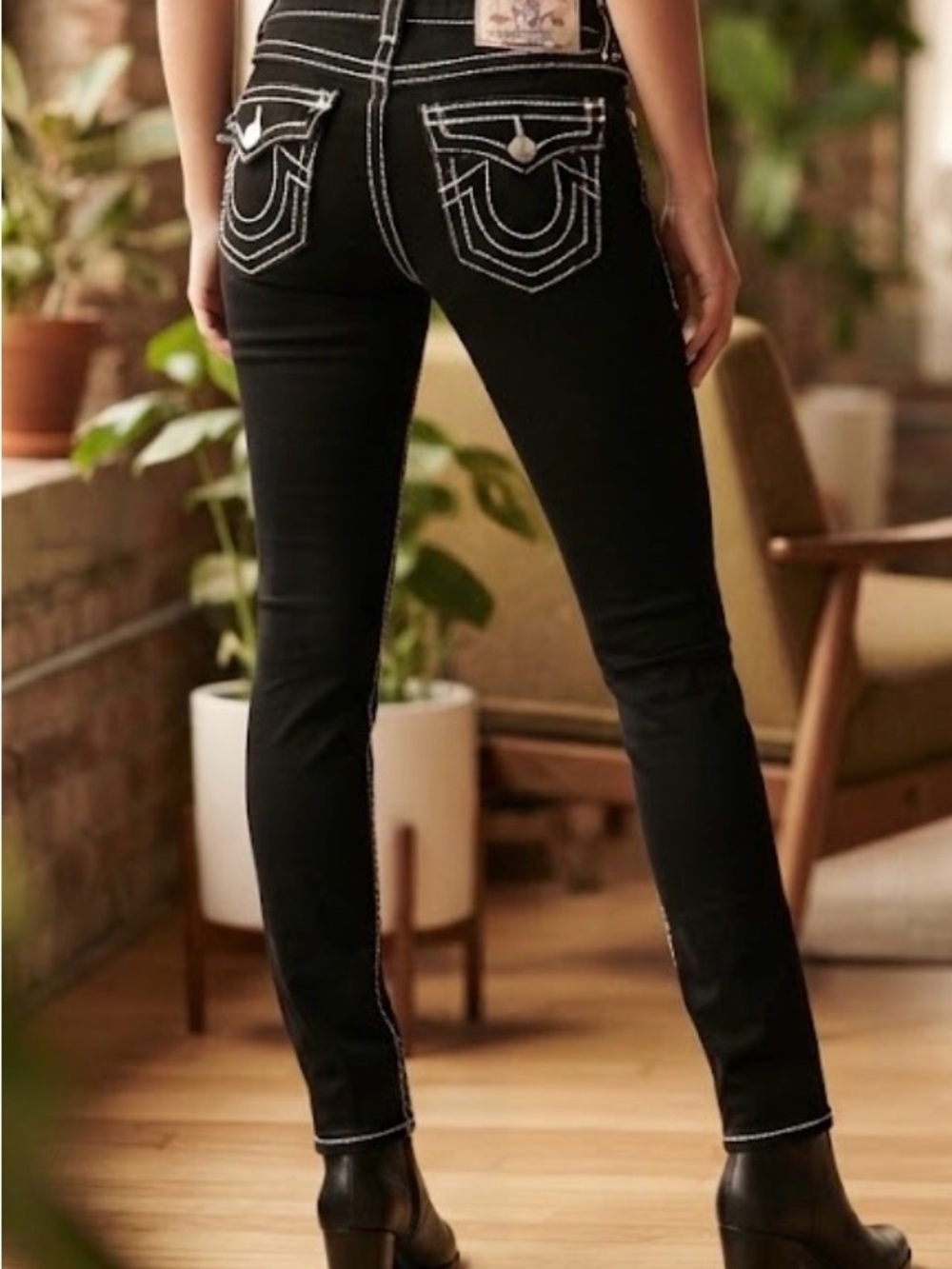 True Religion Halle Super Skinny Black Jeans White Big T flap pocket Size 30